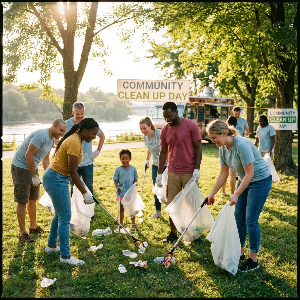 Volunteers cleaning a park