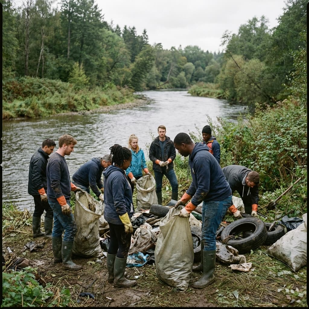 Volunteers cleaning a river