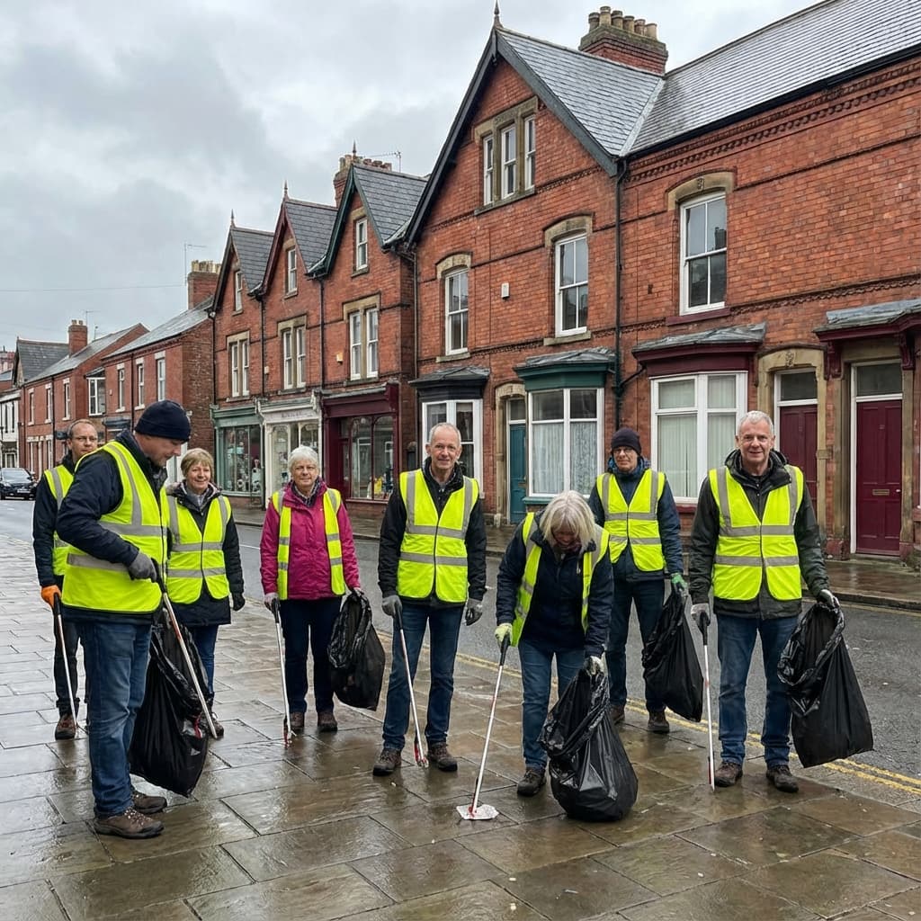 Volunteers cleaning a city street